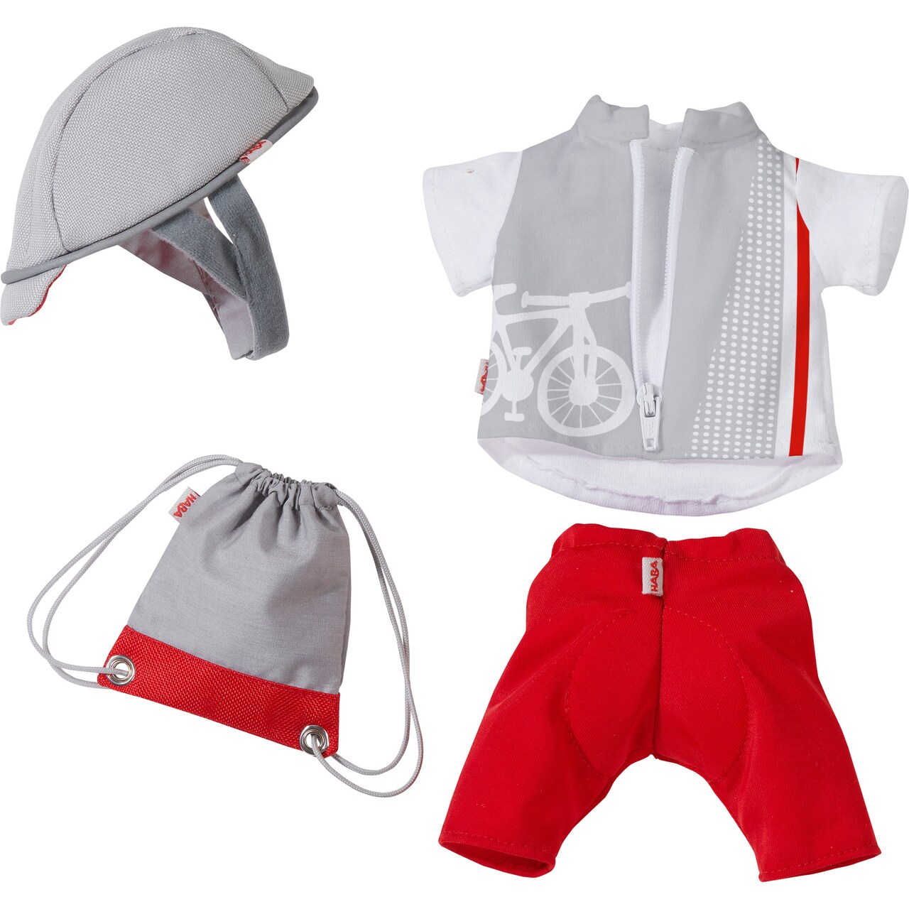 HABA Doll Clothes Set for 12 Inch Baby Dolls, Baby Dolls Accessories, Bike Time Outfit with Helmet, Leggings, Shirt, & Backpack